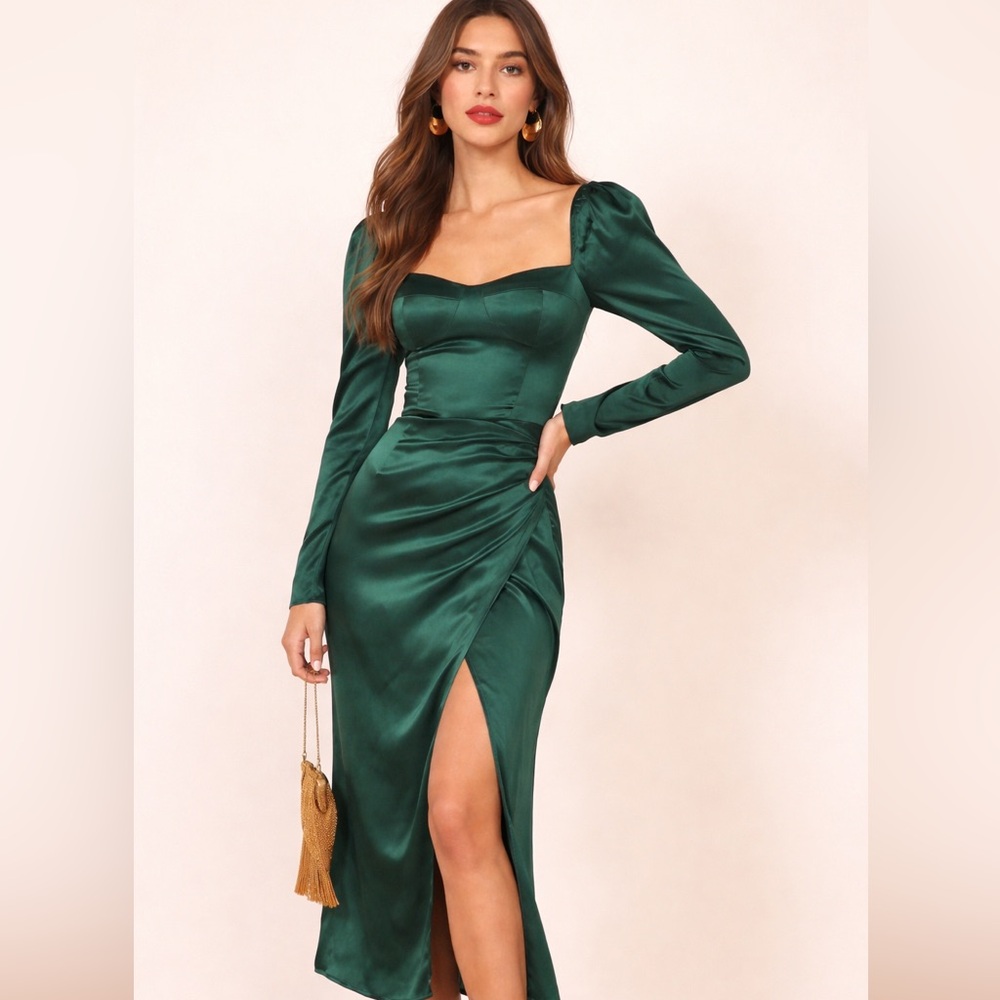 Wilfred Emerald Green Satin Long Sleeve Wrap Dress